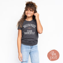 Load image into Gallery viewer, Decolonize Your Bookshelf Youth Short Sleeve T-Shirt | Paperbacks & Frybread Co. - Paperbacks & Frybread Co.