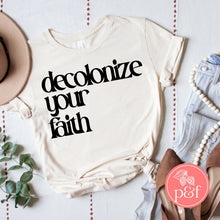 Load image into Gallery viewer, Decolonize Your Faith Black Lettering Shirt | Paperbacks &amp; Frybread Co. - Paperbacks &amp; Frybread Co.
