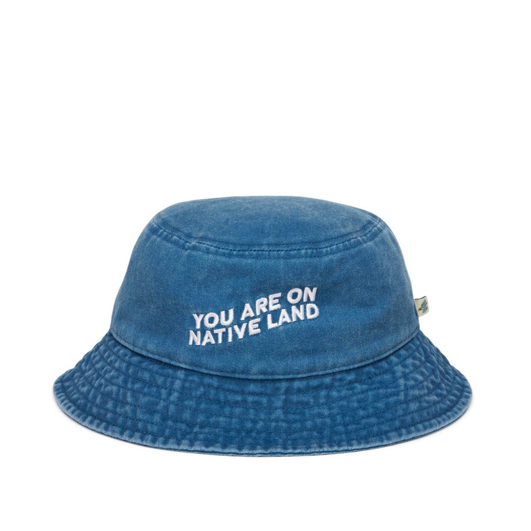 'YOU ARE ON NATIVE LAND' Blue Denim Bucket Hat | Urban Native Era - Paperbacks & Frybread Co.